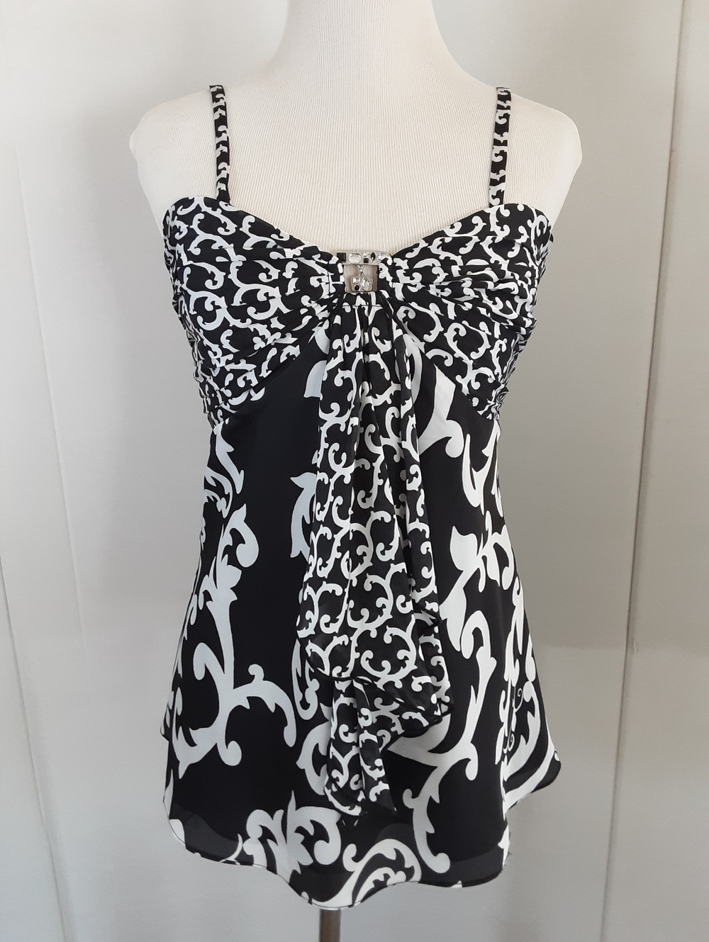 WHBM Black | White Abstract Print Sweetheart Bustier Spaghetti Strap Top Sz 10 - Picture 2 of 9